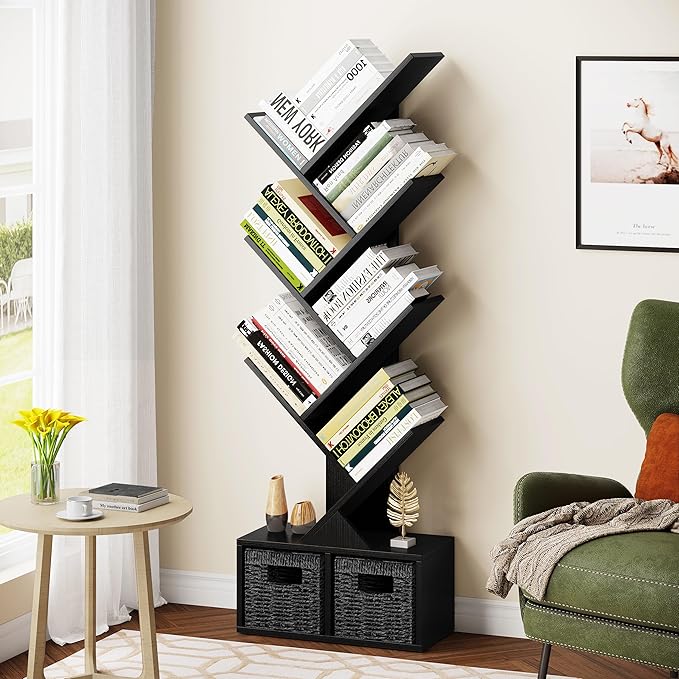 Vagusicc 6 Tier Tree Bookshelf - Modern Shelf Floor Standing Bookcase with Baskets, Tall Wood Book Storage Rack for Books/CDs, Tree Utility Book Organizer Shelves for Living Room, Home Office, Bedroom