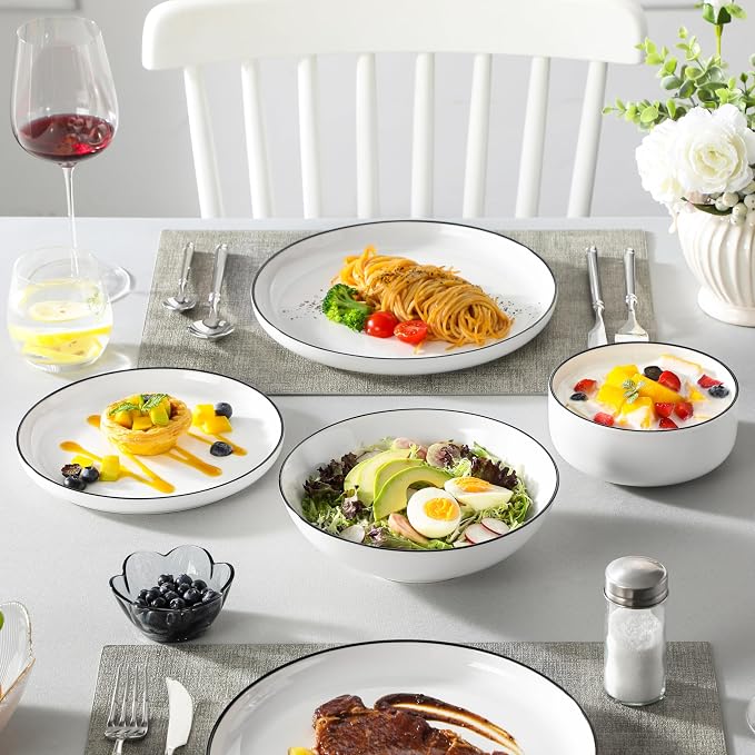 MALACASA 24 Pcs Porcelain Plates and Bowls Sets,Dinnerware Set for 6,White | Modern Ceramic Dishware Set,Kitchen Dining Ware,Microwave and Dishwasher Safe,Simple White with Black Trim Design,Series LUNA