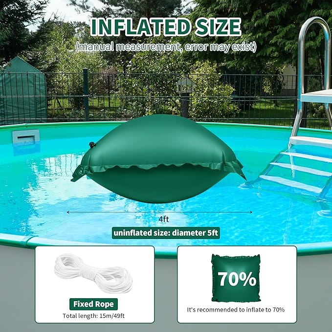 Above Ground Pool Pillow - 4x4 Ft Air Pillow for Winterizing, 0.5mm PVC Material, 2X 16.5Ft Green Rope
