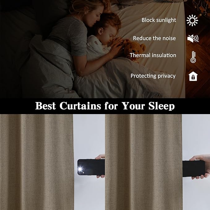 RAIN CITY Linen Brown Curtains 102 Inch Long 2 Panels Burg, Full Blackout Back Tab Pleated Look Drapes with Hooks, Thermal Insulated Boho Rustic Curtains for Living Room (50x102 in Lenght,Linen)