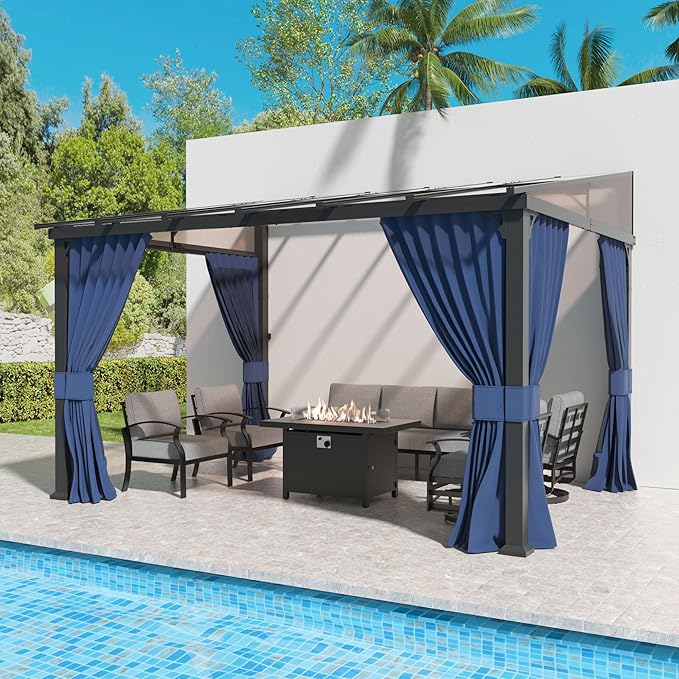 Kullavik 10' × 12' Hardtop Gazebo for Patio,Wall-Mounted Lean to Gazebo Pergola with Sloping Roof and Durable Aluminum Frame,Large Heavy Duty Awnings for Decks,Backyard,NavyBlue