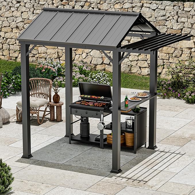 Grill Gazebo 6' x 8' with Galvanized Steel Roof and Pergola Extension, BBQ Gazebo with UV Blocking & Waterproof Design, Grill Canopy with Shelves, Rust-Resistant, 4-Season Use