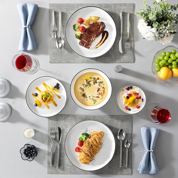 MALACASA 24 Pcs Porcelain Plates and Bowls Sets,Dinnerware Set for 6,White | Modern Ceramic Dishware Set,Kitchen Dining Ware,Microwave and Dishwasher Safe,Simple White with Black Trim Design,Series LUNA