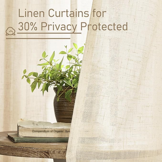 LAMIT Beige Linen Curtains for Windows 2 Panels Set, 48 Inch Linen Textured Light Filtering Drapes Bronze Grommet Boho Panels for Farmhouse/RV Camper/Loft, 34 x 48 Inch