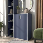 Apexa Stackable Wood Bookcase with Doors, Cube Storage Organizer Shelves, Small Food Pantry, Dorm Teen Room Decor & Bedroom, Home Office, Kitchen, 3-Tier Cabinet, Steel Blue