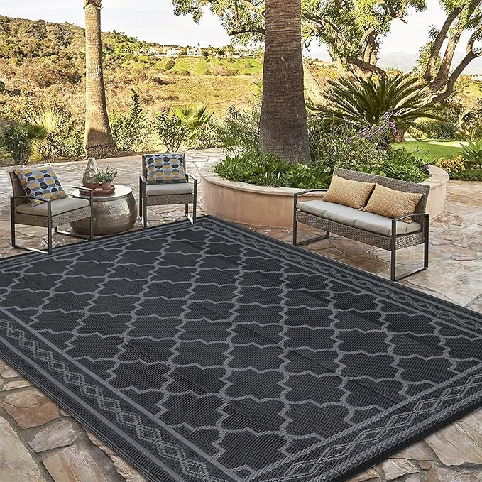 GAOMON Outdoor Plastic Straw Rug, 10'x14' Reversible Sage Green Patio Mat, Flower Modern Design for RV, Backyard, Deck, Camping, Picnic, Black/Grey(Geometric)