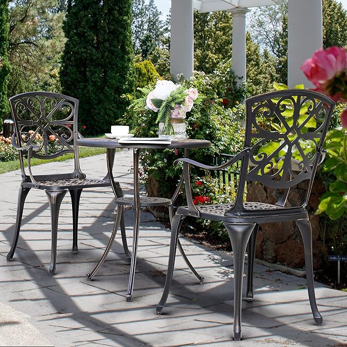 NUU GARDEN Bistro Set 3 Piece Outdoor All Weather Cast Aluminum Patio Bistro Set Patio Table and Chairs Set of 2 with Umbrella Hole for Backyard, Balcony, Front Porch, Lawn, Pool, Bronzer