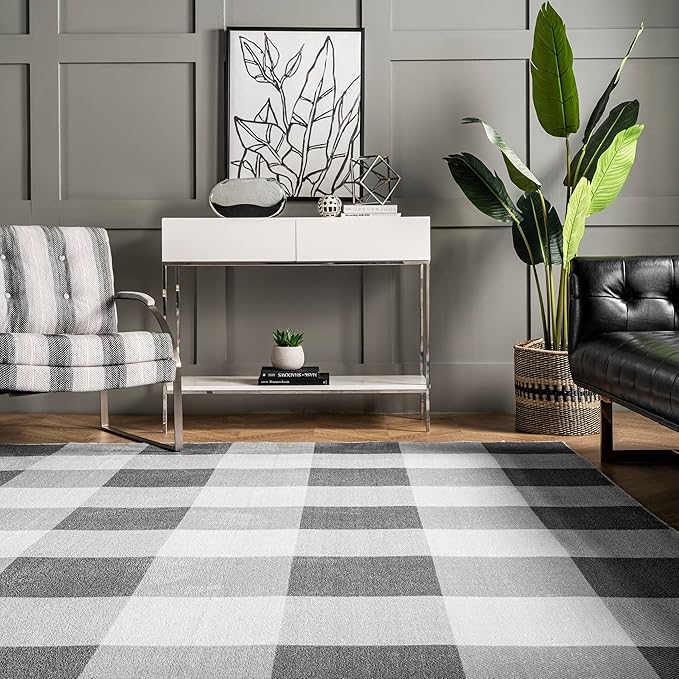 nuLOOM Lucy Machine Washable Farmhouse Buffalo Plaid Ultra Thin Area Rug, 6' Square, Grey