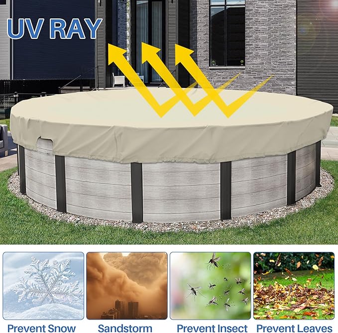 ECOOPTS 7 ft Waterproof Round Polyester Pool Cover for Above Ground Pools, Swimming Pool Cover Protector Winter Safety Cover (Beige)