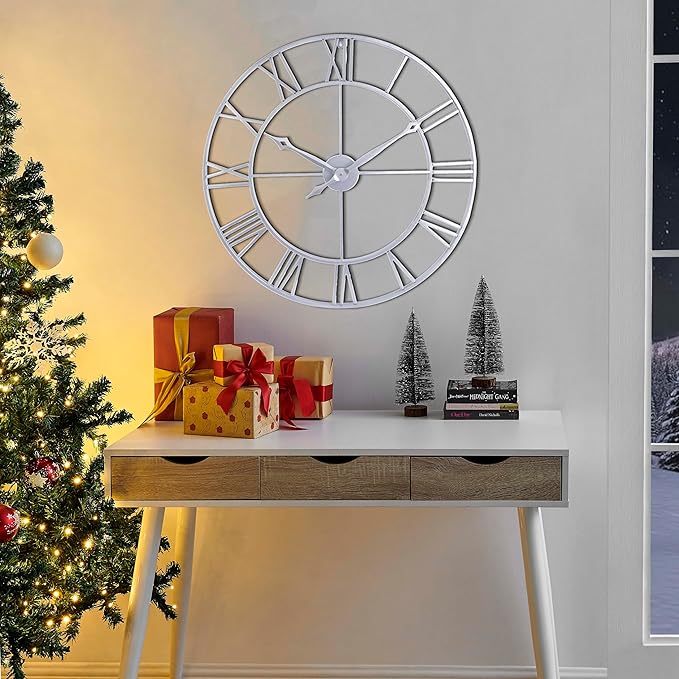 CLXEAST Large Modern 30 Inch Wall Clock Silver, Oversized Big Roman Numeral Metal Wall Clocks for Living Room Decor, Home Office