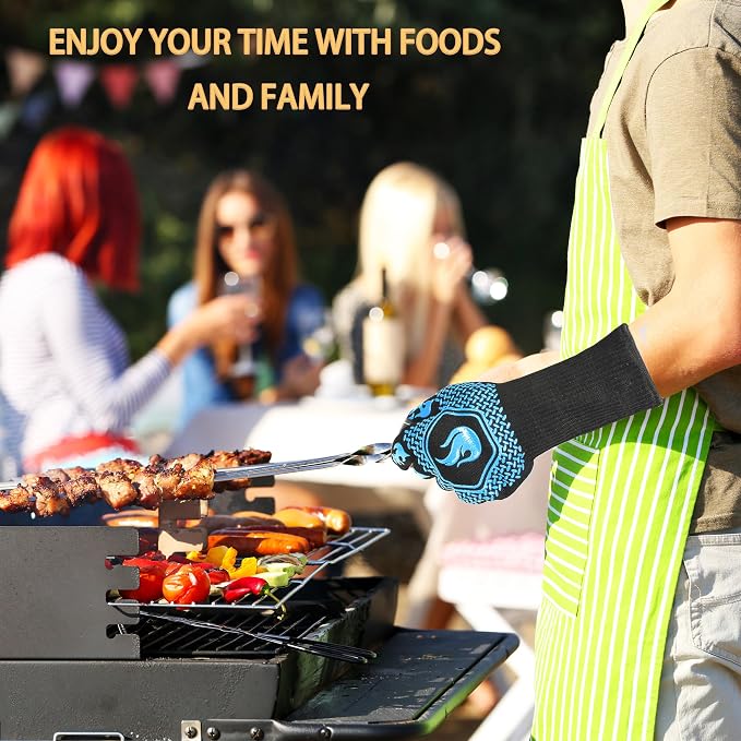 BBQ Fireproof Gloves, Grill Cut-Resistant Gloves 1472°F Heat Resistant Gloves, Non-Slip Silicone Oven Gloves, Kitchen Safe Cooking Gloves for Oven Mitts,Barbecue,Cooking, Frying,13.5 Inch-Sky Blue