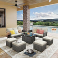 Yechen Patio Conversation Set 10 Seats with 44" Propane Gas Fire Pit Table - 7 Pcs Outdoor Wicker Furniture Set with Lid & Wind Shields - Sectional Sofa Set for Porch,Backyard