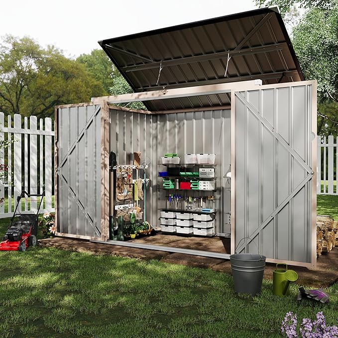 2 Trash Cans Metal Outdoor Storage, 3x6 FT Garbage Bin Storage Shed with Chain Lid, Garbage Can Metal Sheds for Garden, Backyard, Lawn and Patio