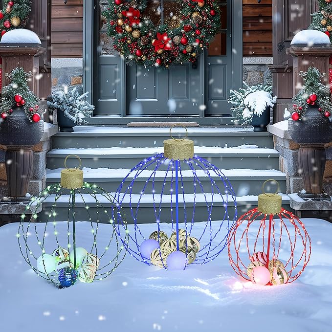 Outdoor Christmas Decorations, Set of 3 Lighted Christmas Ball Ornaments with 570 LED Lights, 6 Ground Stakes, Included 20 Small Plastic Xmas Ball Ornaments for Holiday Decor Yard