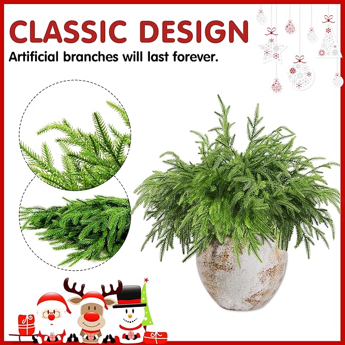 18Pcs Artificial Norfolk Pine Branches 18" Plastic Christmas Plants Decor Faux Greenery Stems Pine Picks Outdoor Faux Plants UV Resistant for Xmas Indoor, Front Porch Home Décor (18, 18inch)