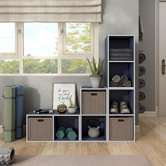 Apexa 2 Cube Storage Organizer Shelves, Stackable Wood Bookcase Fits Cubby Bins for Organization, Dorm Teen Room Decor & Home Office, Steel Blue