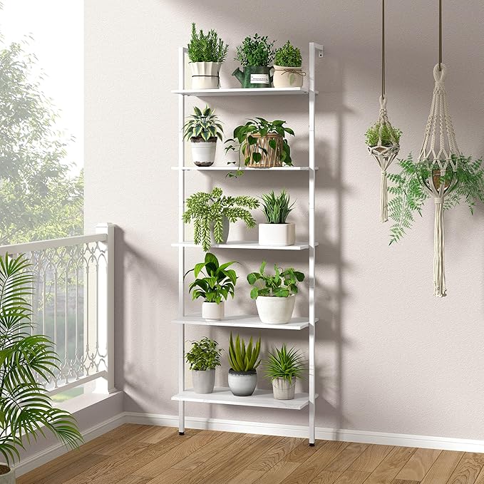 Tajsoon 25.2''W Ladder Shelf Bookshelf, 5 Tier Wall Shelf with Metal Frame, Modern Open Wall Mount Bookcases for Home, Office, Balcony, Plant Flower, White