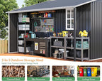 AMERLIFE 10.6x10.3x6.3 FT Galvanized Metal Storage Shed with Open Firewood Storage Area, Sliding Doors & Ramp, 2 Windows & Vents, Weather-Resistant Outdoor Tool/Garden Shed, Dark Gray