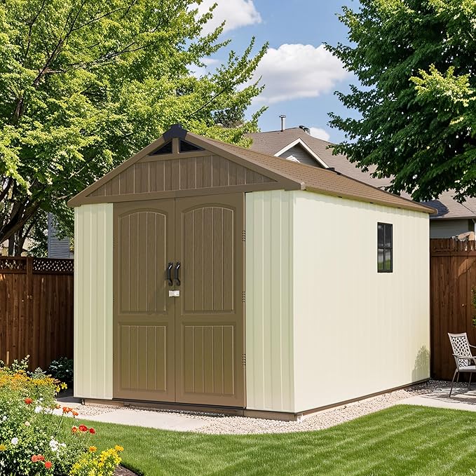 Patiowell 8 x 10 FT Resin Outdoor Storage Shed with Floor, Plastic Shed with Window and Lockable Door for Garden, Backyard, Tool Storage Use, Easy to Install in Brown (Kick-it Shed)