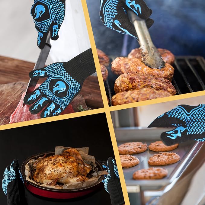 BBQ Fireproof Gloves, Grill Cut-Resistant Gloves 1472°F Heat Resistant Gloves, Non-Slip Silicone Oven Gloves, Kitchen Safe Cooking Gloves for Oven Mitts,Barbecue,Cooking, Frying,13.5 Inch-Sky Blue