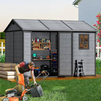 10x8 FT Resin Outdoor Storage Shed with Floor, Weather-Resistant Plastic Garden Shed with Windows, Lockable Door and Vents, Outside Tool Storage Sheds for Backyard, Garden, Lawn, Wood Grain