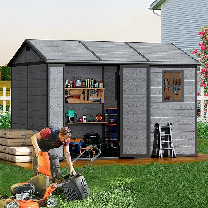 10x8 FT Resin Outdoor Storage Shed with Floor, Weather-Resistant Plastic Garden Shed with Windows, Lockable Door and Vents, Outside Tool Storage Sheds for Backyard, Garden, Lawn, Wood Grain