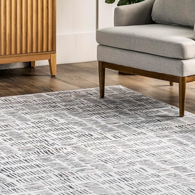 nuLOOM Mitzi Abstract Lines Machine Washable Ultra Thin Area Rug, 3' x 5', Light Grey