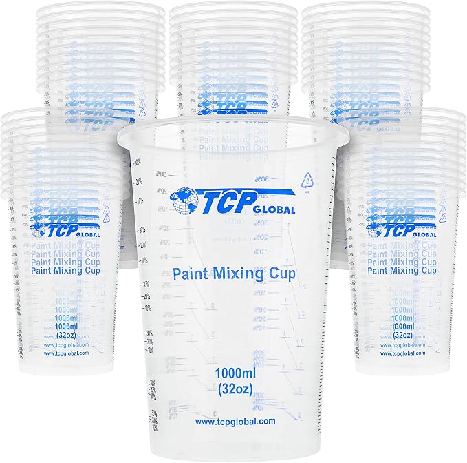 TCP Global 32 oz. (1000ml) Graduated Plastic Mixing Cups (Box of 50) - Disposable Plastic Measuring Cups for Liquids, Paints, Resin, Epoxy, Art, Kitchen - Ratios 2-1, 3-1, 4-1 ML
