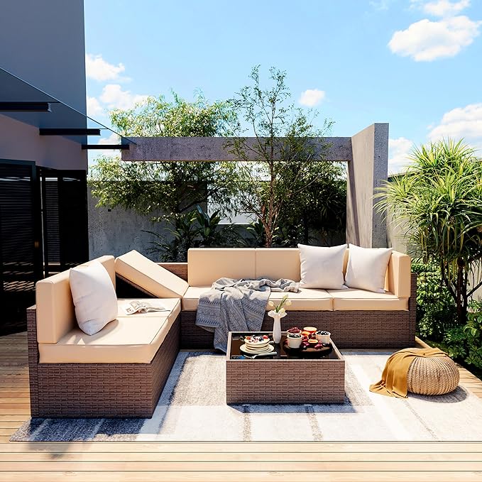 Pamapic Patio Furniture Set, 7 Pieces Modular Outdoor Sectional, Patio Sectional Sofa Conversation Set, Rattan Sofa with Coffee Table and Washable Cushions Covers, Brown Rattan and Beige Cushions