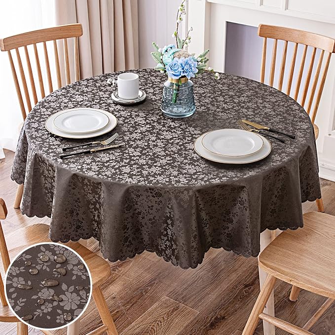 Smiry Round Waterproof Heavy Duty Vinyl Tablecloths, 60 x 60 Inch | Wipeable Washable Floral Embossed Table Cover for Kitchen and Dining Room, Indoor & Outdoor Use, Coffee