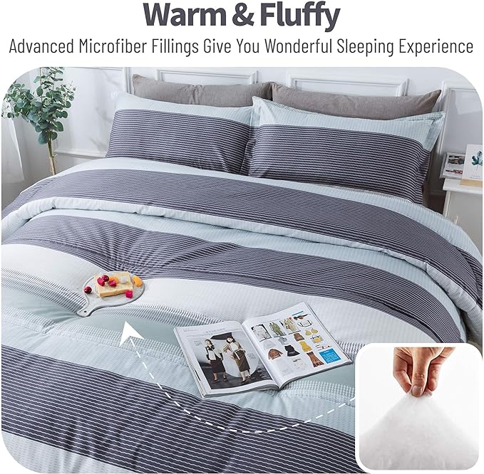 Andency Stripe Comforter Set King Size (104x90 Inch), 3 Pieces Mint Green Patchwork Striped Comforter, Soft Microfiber Down Alternative Comforter Bedding Set with Corner Loops