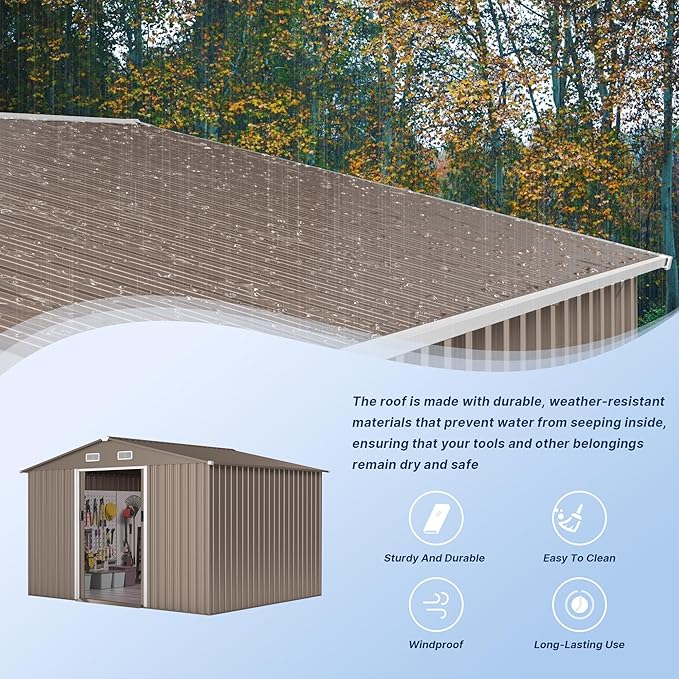 Kullavik 10FT x 8FT Outdoor Storage Shed,Waterproof Metal Tool Shed with Lockable Sliding Door and Air Vents,Metal Storage Shed for Garden,Patio,Backyard,Lawn