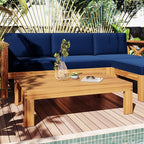 5-Piece Outdoor Patio Furniture Sectional Sets, Wooden L-shaped Corner Sofa Seating with Tea Table and Removable, Backyard Gardern Deck, Natural Finish+ Blue Cushions