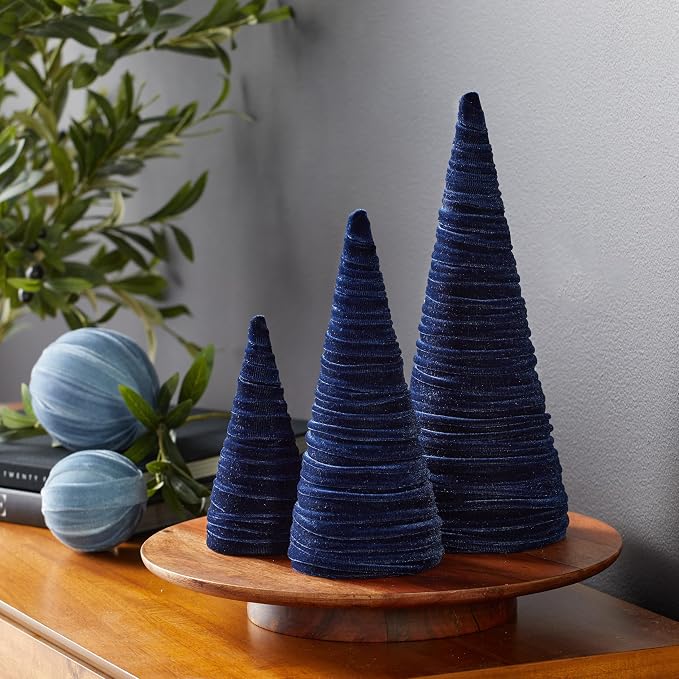 Your Heart's Content Velvet Trees Set of 3 Navy, Artisan Mantel Decor, Valentine Tabletop, Tablescape Décor, Elegant Holiday Entryway (Navy)