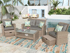4-Piece Rattan Patio Furniture Sets, All Weather Outdoor Sectional Sofa Loveseat with Ottoman,Soft Cushions&Glass Table w/Shelf, Wicker Conversation Couch for Garden Backyard, Onesize, Gray