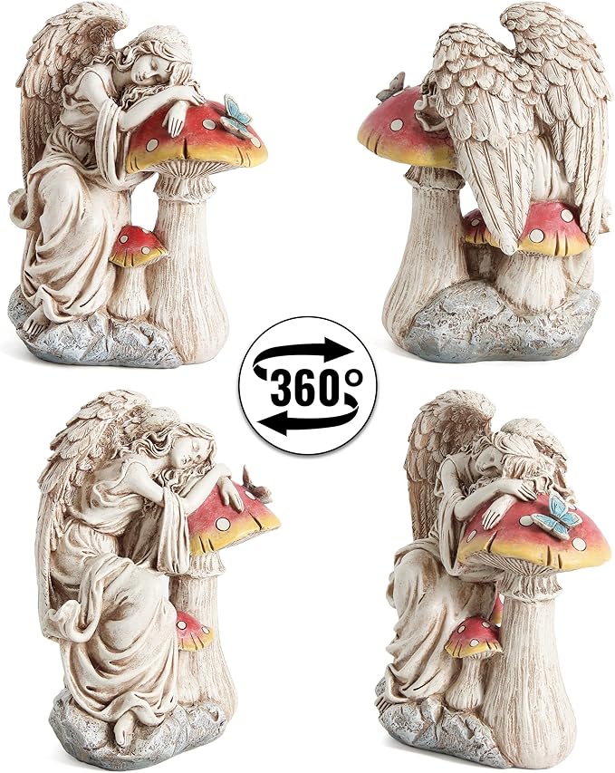 Outdoor Angel on Mushrooms Statue for Garden Decor, Sleep Angel Garden Statues Religious Decorations for Patio Yard Porch Lawn, Angels Garden Sculptures, Home Angel Figurines, Memorial Gifts