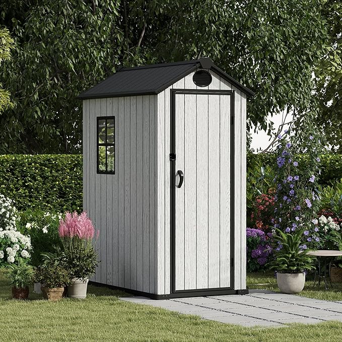 3.4x5.3 FT Resin Outdoor Storage Shed, 125 Cuft Garden Tool Sheds & Outdoor Storage Plastic Shed with Floor, 7FT Tall Backyard Outside Lawn Mower Storage Shed with Side Window, Cemented Grey