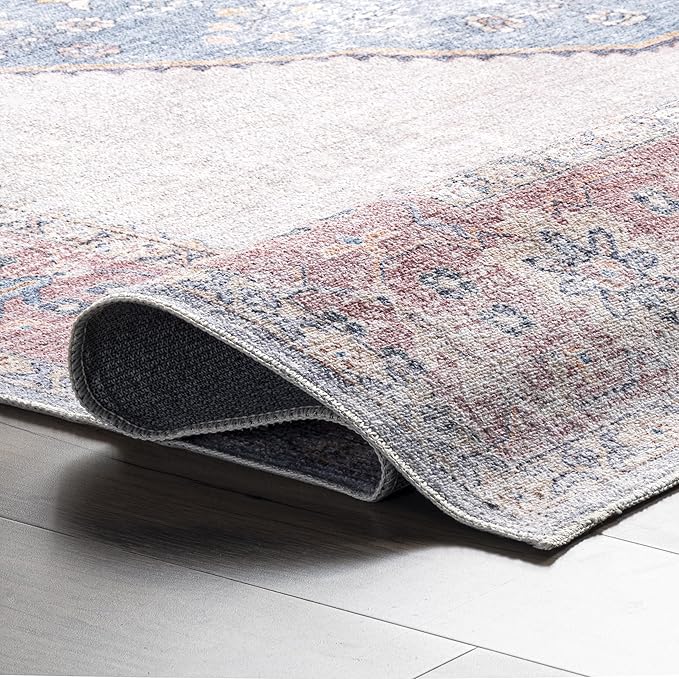 nuLOOM Olga Machine Washable Distressed Vintage Medallion Ultra Thin Runner Rug, 2' 6" x 8', Blue