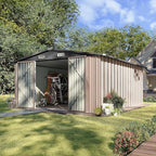Aoxun 10 x 12FT Outdoor Storage Shed with Double Hinged Large Door Utility Garden Shed with Lockable Door & Sloped Roof Metal Sheds Outdoor Storage for Garden, Backyard, Patio and Backyard, Brown