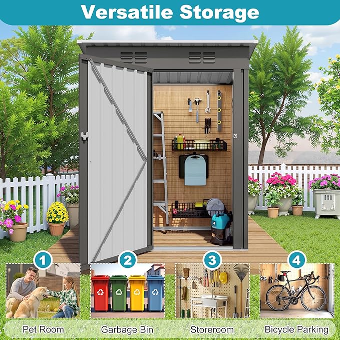 5X3 FT Outdoor Metal Storage Shed, Tool Shed with Pitched Roof and Lockable Door, Compact Garden Shed for Backyard Garden Patio Lawn, Gray