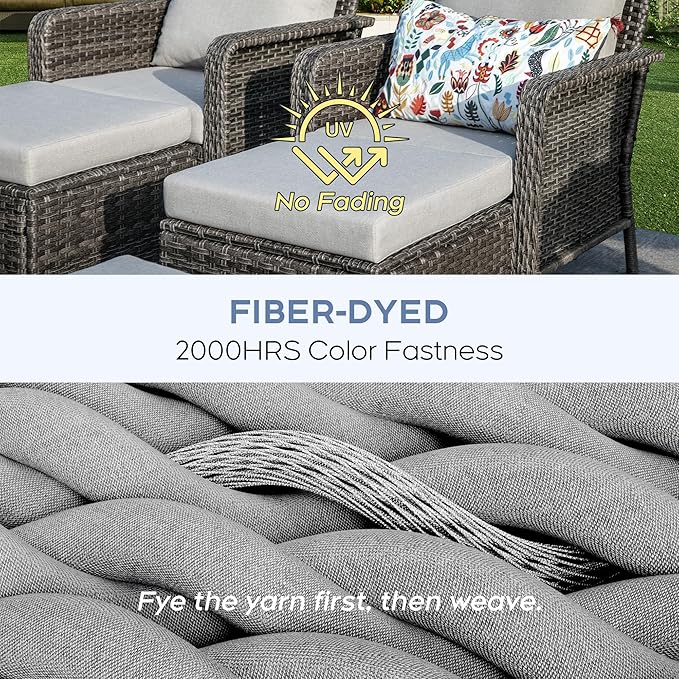 Yechen Patio Conversation Set 9 Seats with 44" Propane Gas Fire Pit Table - 8 Pcs Outdoor Wicker Furniture Set with Lid & Wind Shields - Sectional Sofa Set for Porch,Backyard