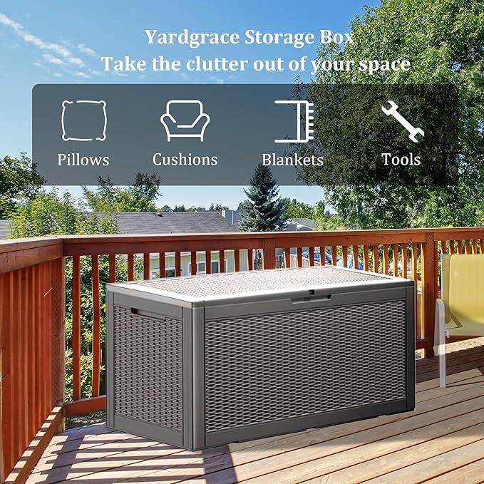 100 Gallon Waterproof Deck Box, Lockable Resin Storage Box for Patio Furniture Cushions Garden Tools and Outdoor Delivery Storage, Coffee