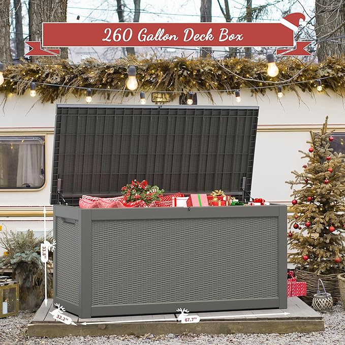 NUNU LAB 260 Gallon Outdoor Storage Box,Resin Large Sturdy Deck Box, Backyard Outside Storage Box Waterproof with Double Wall Panels,Package Delivery Garden Outdoor Hose Storage Bin