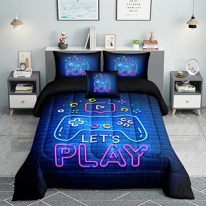 6 PCS Gamer Bedding Sets,Gaming Comforter Set for Boys,Kids Bedding Sets for Boys,Full Size Bedding Sets for Boys,Bed in A Bag with Sheets(Full,Blue Color)