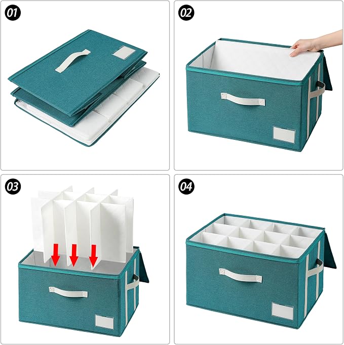 Stemware Storage Cases,Wine Glass Storage Box,with Dividers,Holds 12 Red or White Wine Glasses, Durable Glassware Storage Containers for Crystal or Stemware (Green white, Stemware storage cases)