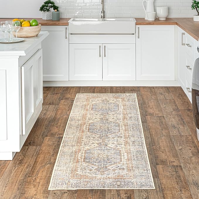 nuLOOM 2x12 Machine Washable Rain Haven Vintage Medallion Area Rug, Light Grey, Traditional Faded Design, Non-Slip Backing, Stain Resistant, For Bedroom, Dining Room, Living Room, Kitchen