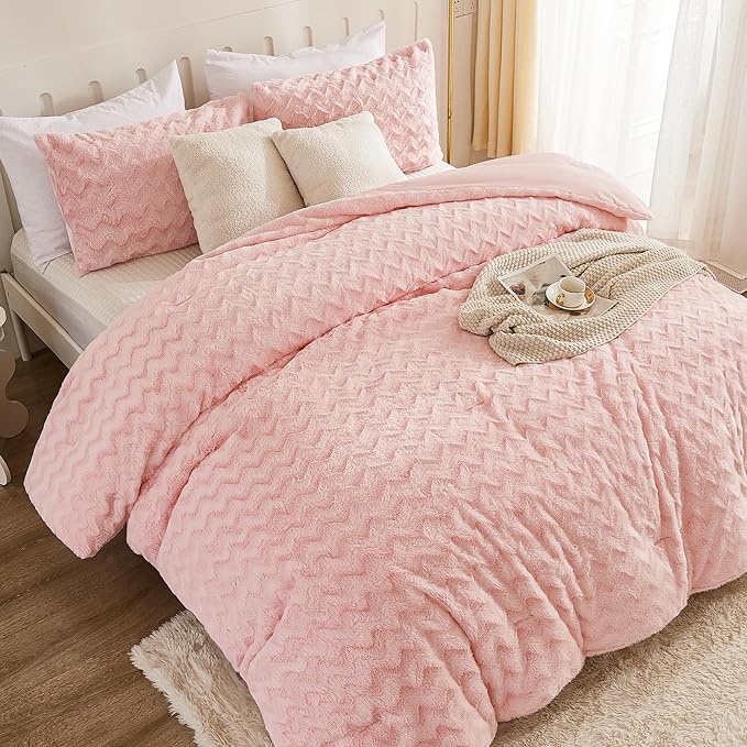 Andency Pink Fleece Comforter Set Queen Size, 3 Pieces Plush Shaggy Faux Fur Bed Comforter Set for Queen Bed, Fuzzy Fluffy Warm Bedding Set for Women Girls