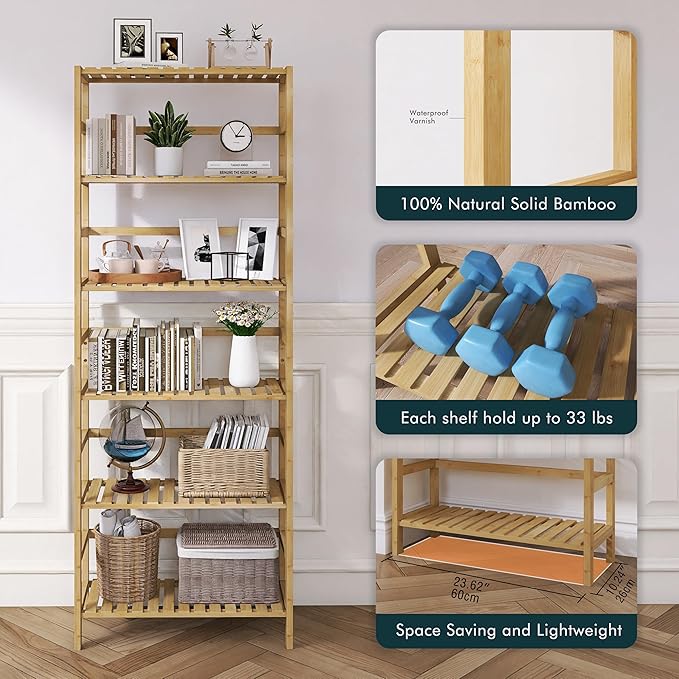 Bamboo Shelf, 6-Tier Adjustable Tall Open Bookcase, Bathroom Storage Rack Freestanding Shelving Unit, Plant Display Stand for Small Space, Natural