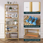 Bamboo Shelf, 6-Tier Adjustable Tall Open Bookcase, Bathroom Storage Rack Freestanding Shelving Unit, Plant Display Stand for Small Space, Natural
