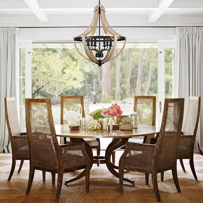 6-Light Large Rustic Farmhouse Dining Room Chandeliers, Adjustable Height Entryway Light Fixture, Hanging Wood Chandelier for Kitchen Island Foyer Stairwell Office